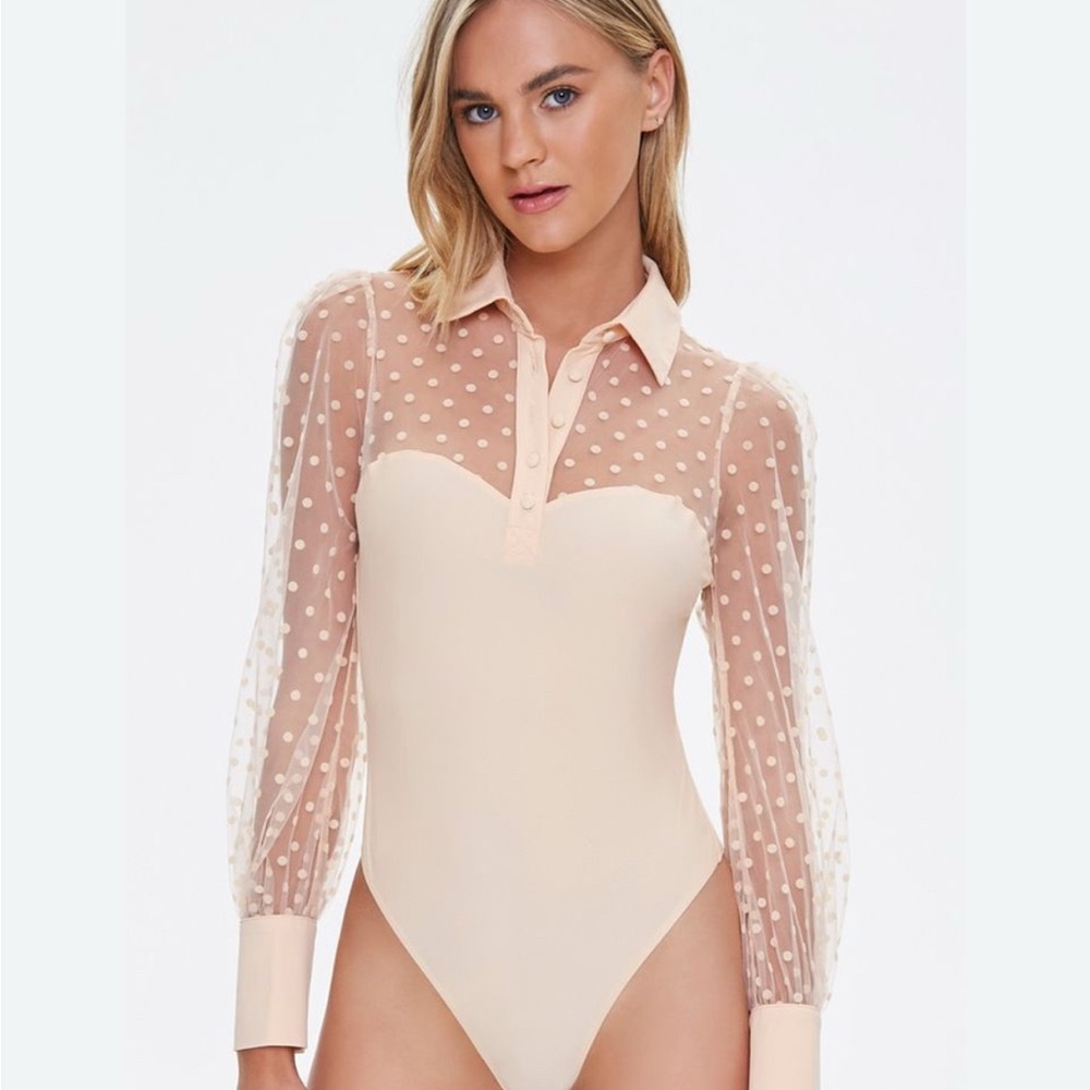 Forever 21 Blush Sheer Polka Dot Polo Bodysuit